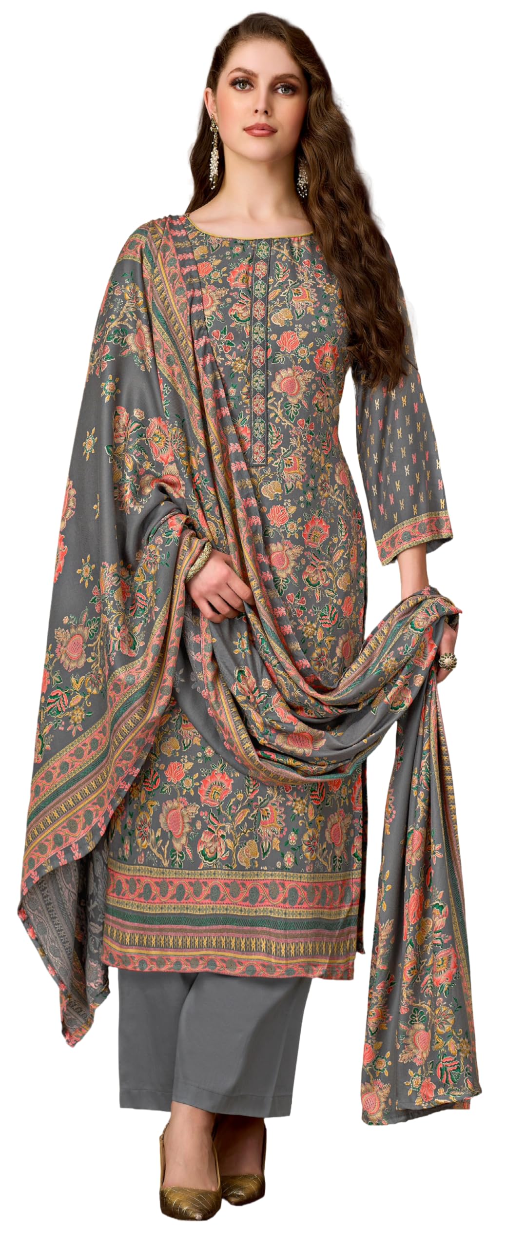 DRAVINAM Trends Women's Winter Wear Unstitched Discharge Print Hand Work Neck Embroidered Woollen Viscose Pashmina Salwar Suit Dress Material with Pashmina Printed Shawl Dupatta