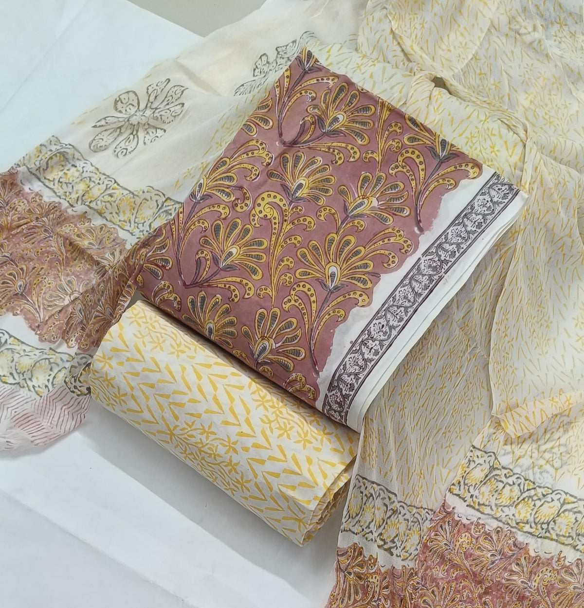 DRAVINAM Trends Hand Block Print Cambric Cotton Unstitched Salwar Suit Set for Women with Pure Chiffon Hand Printed Dupatta