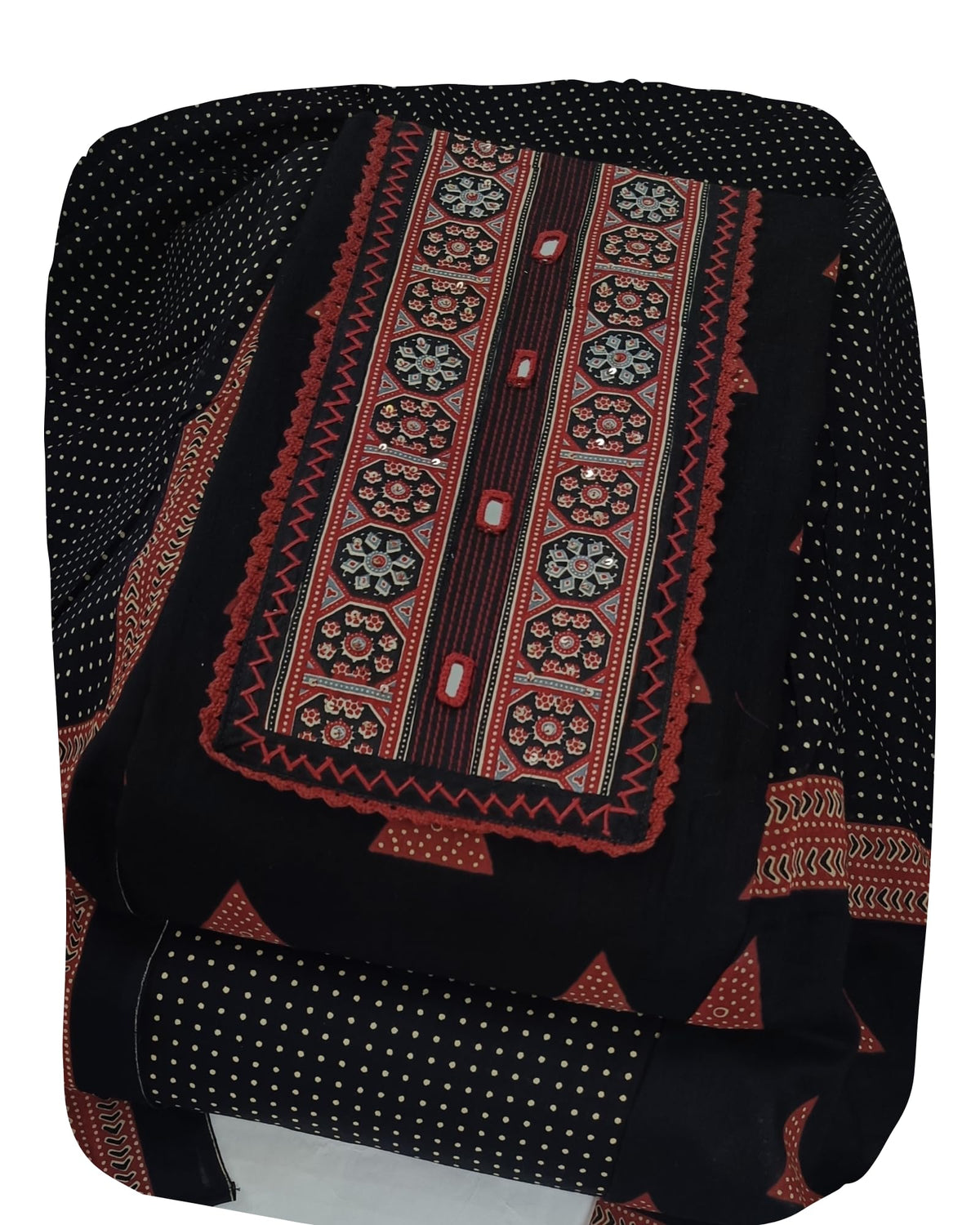 DRAVINAM Trends Women's Pure Cotton Geometric Handblock Printed Unstitched Salwar Suit Dress Material with Mirror Work Neck & Mulmul Dupatta (Black)