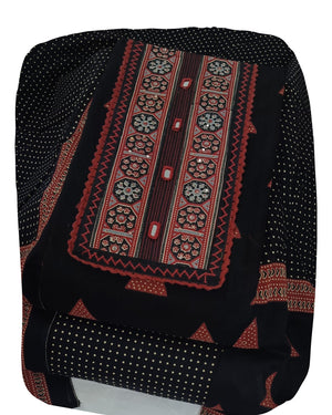 DRAVINAM Trends Women's Pure Cotton Geometric Handblock Printed Unstitched Salwar Suit Dress Material with Mirror Work Neck & Mulmul Dupatta (Black)