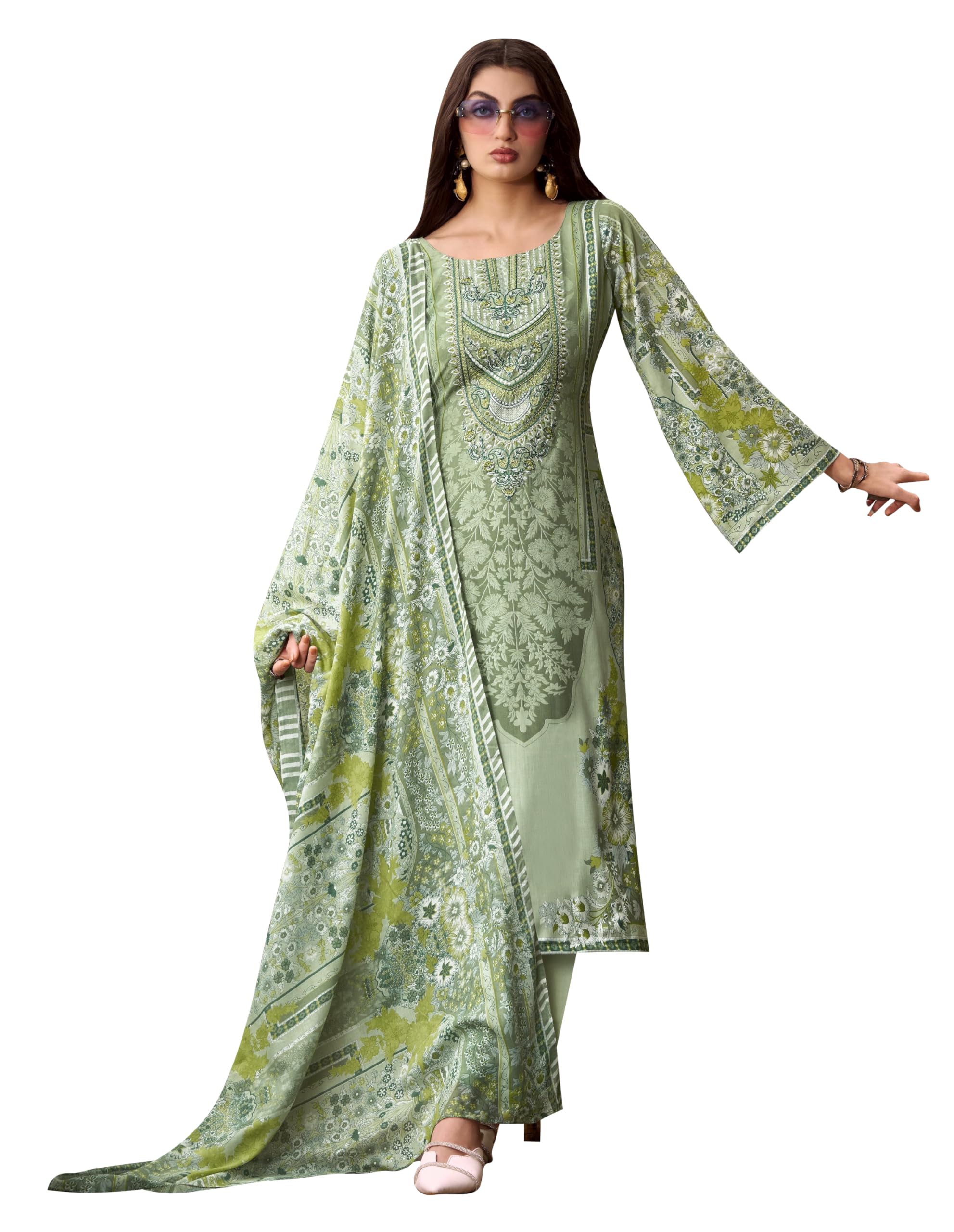 DRAVINAM Trends Women's Unstitched Cotton Suit Dress Material - Printed Embroidered Top II Plain Bottoms II Print Dupatta