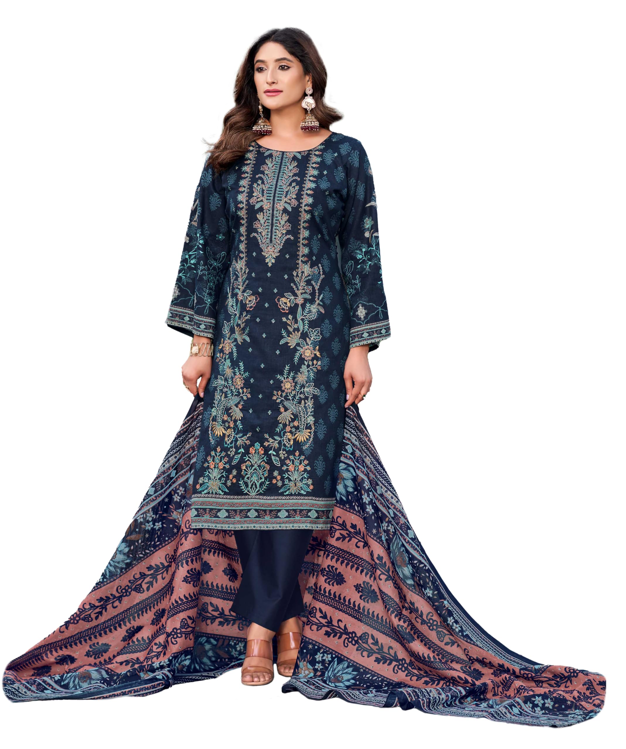DRAVINAM Trends Lawn Cotton Pakistani Embroidered Suit Dress Material with Unstitched Bottoms and Cotton Dupatta