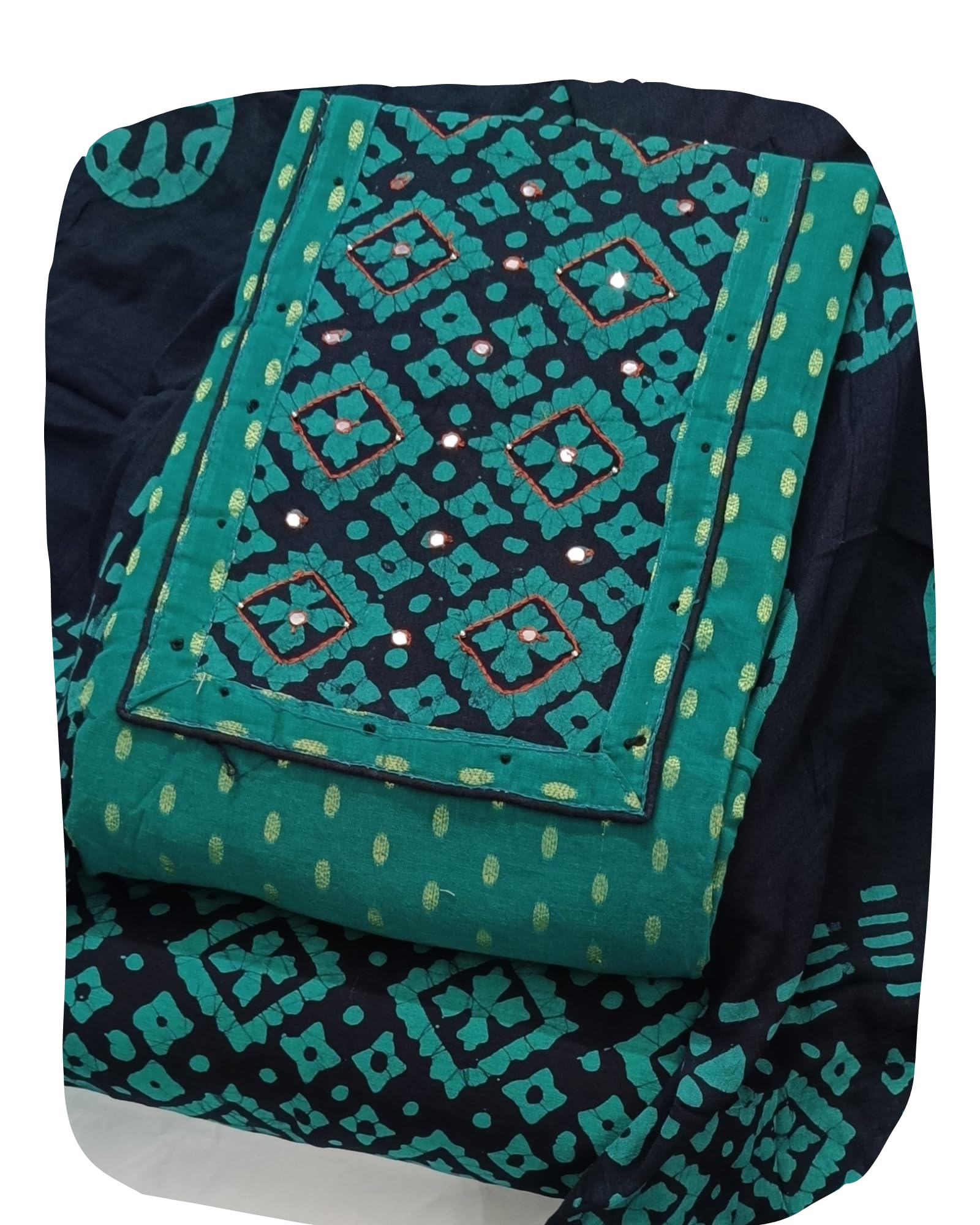 DRAVINAM Trends Women's Unstitched Cambric Cotton Dress Material Salwar Suit Set with Dupatta | Geometric Batik Print & Embellished Neckline (Multicolor)