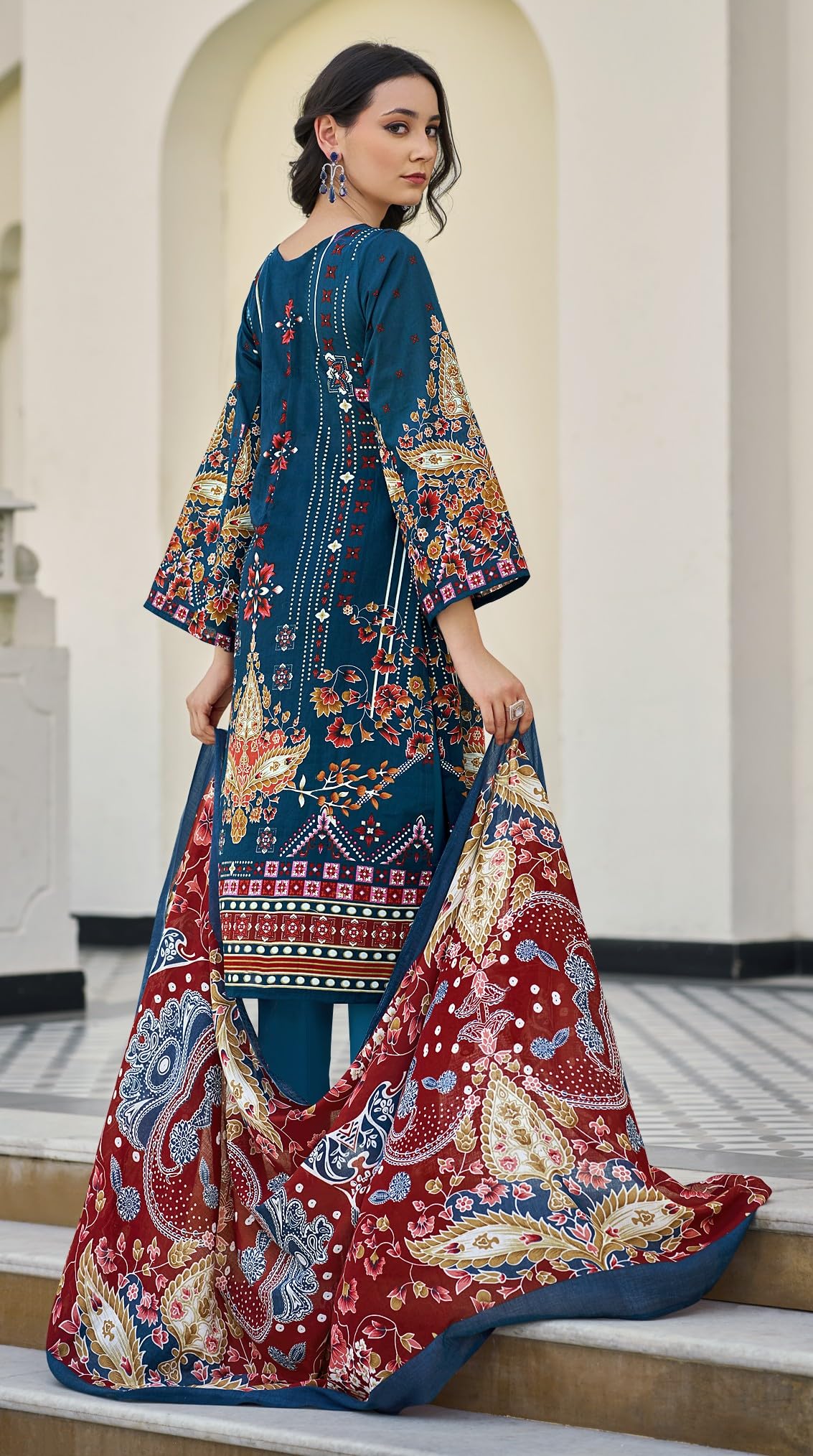 DRAVINAM Trends Women's Unstitched Salwar Suit Dress Material - Cotton Digital Printed Organza Embroidered Kameez II Solid Bottoms II Printed Dupatta