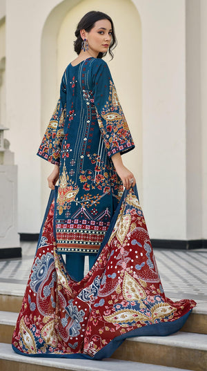 DRAVINAM Trends Women's Unstitched Salwar Suit Dress Material - Cotton Digital Printed Organza Embroidered Kameez II Solid Bottoms II Printed Dupatta