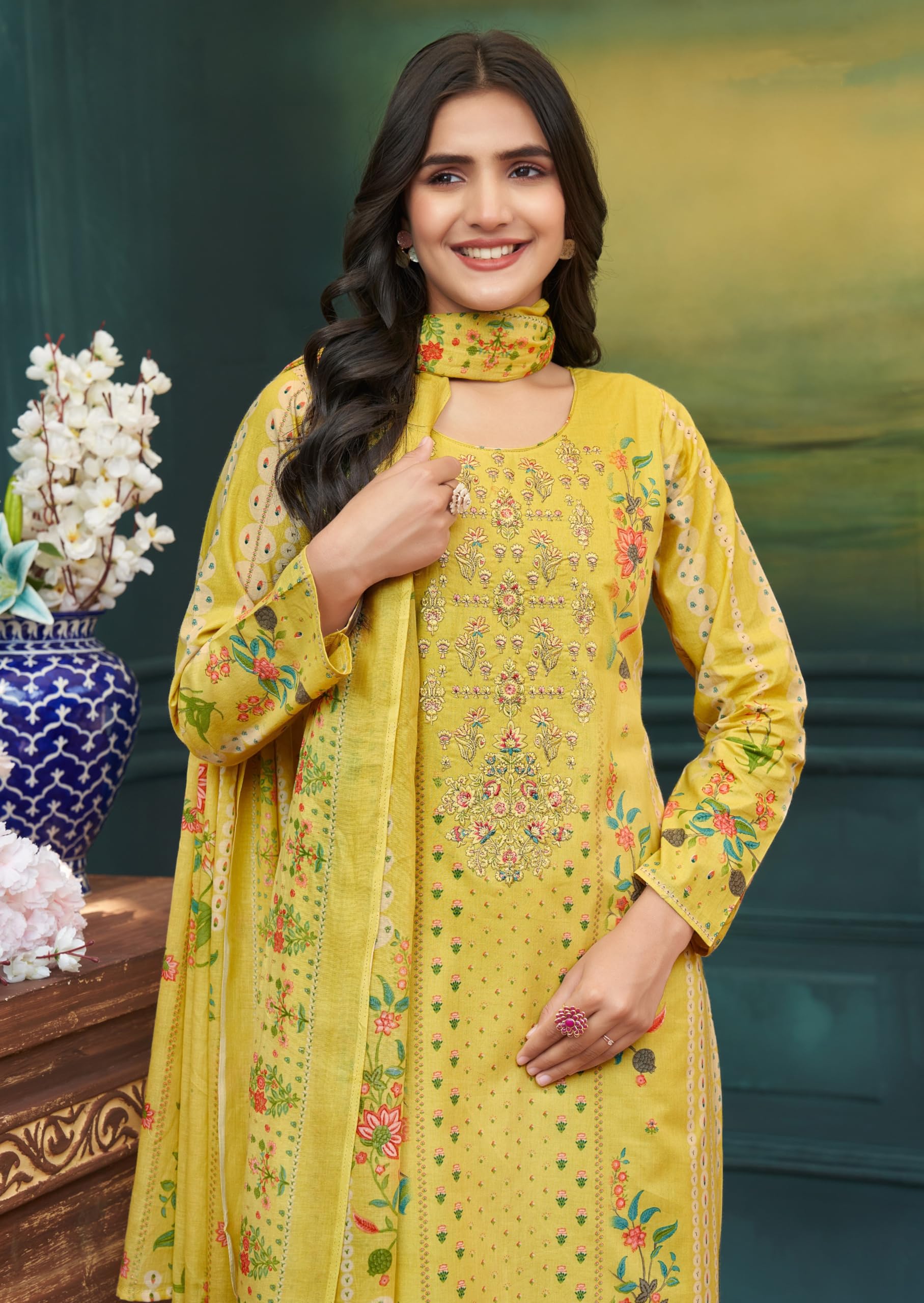 DRAVINAM Trends Women's Unstitched Salwar Suit Dress Material - Cotton Digital Printed Organza Embroidered Kameez II Unstitch Bottoms II Cotton Dupatta