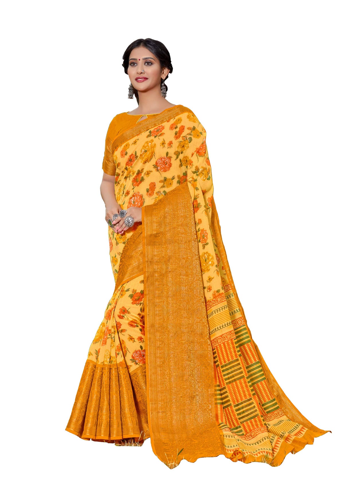 DRAVINAM Trends Women's Cotton Linen Jacquard Woven Broad Border Pattu Saree with Blouse Piece (Pattu SareeSRMN_32N_Light Yellow)