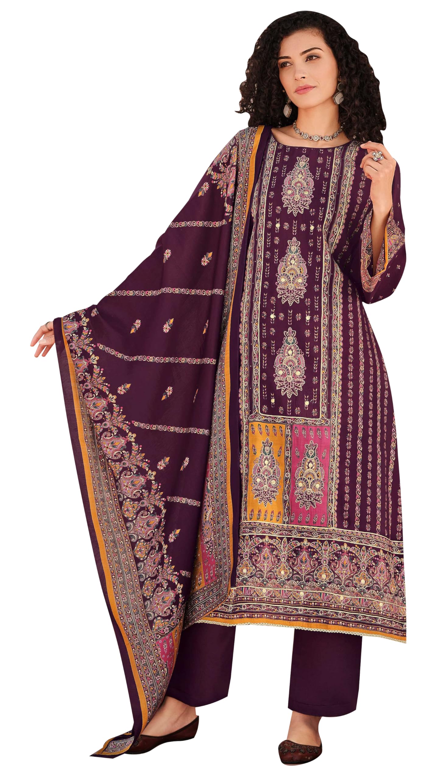 DRAVINAM Trends Women's Unstitched Pure Maslin Digital Foil Printed Pakistani Embroidered Suit Dress Material with Unstitched Maslin Bottoms and Maslin Dupatta