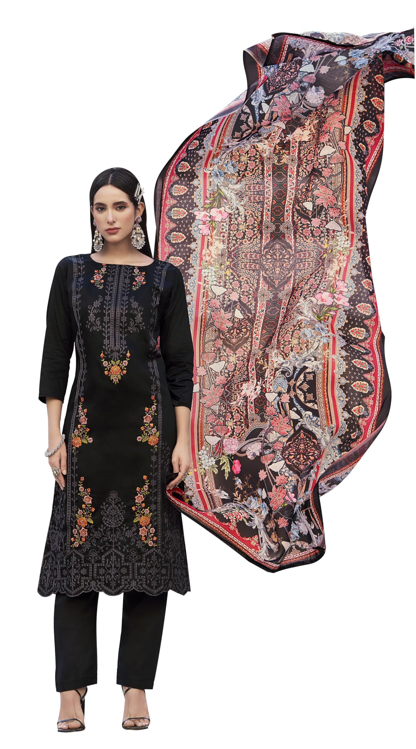 DRAVINAM Trends Women's Unstitched Jam Cotton Embroidered Suit Material - Jam Cotton Heavy Embroidered Cutwork Shirt II Rayon Bottoms II Cotton Printed Dupatta