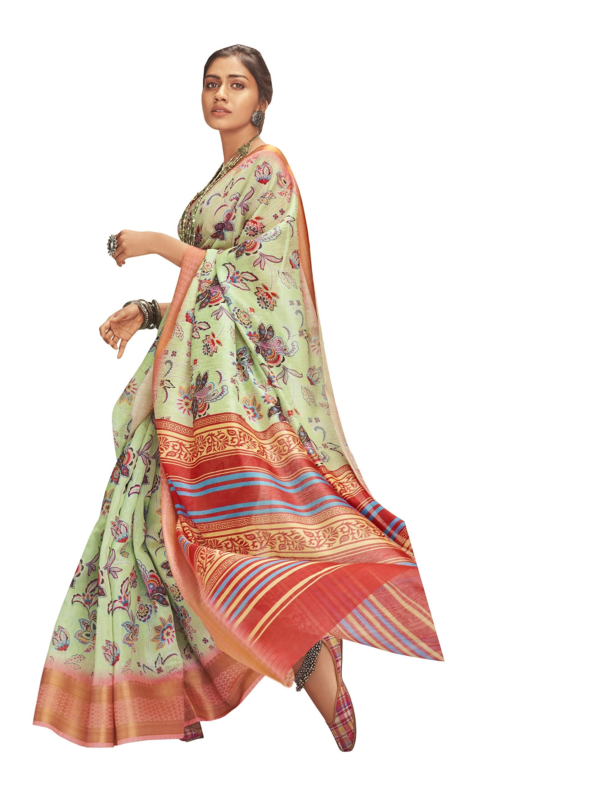 DRAVINAM Trends Women's Banarasi Linen Saree With Unstitched Blouse Piece (SareeML_10_Sea Green)