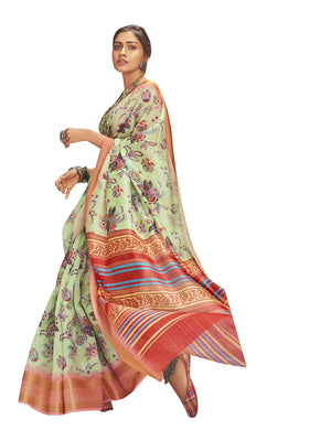 DRAVINAM Trends Women's Banarasi Linen Saree With Unstitched Blouse Piece (SareeML_10_Sea Green)