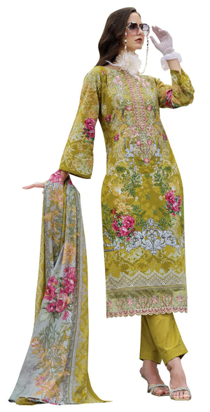 DRAVINAM Trends Kurti 2.50 mtrs,Soft Cotton Salwar(3 mtrs apx),Soft Cotton Mal mal dupatta(2.30 mtr) Unstitched Material Embroided|Yellow