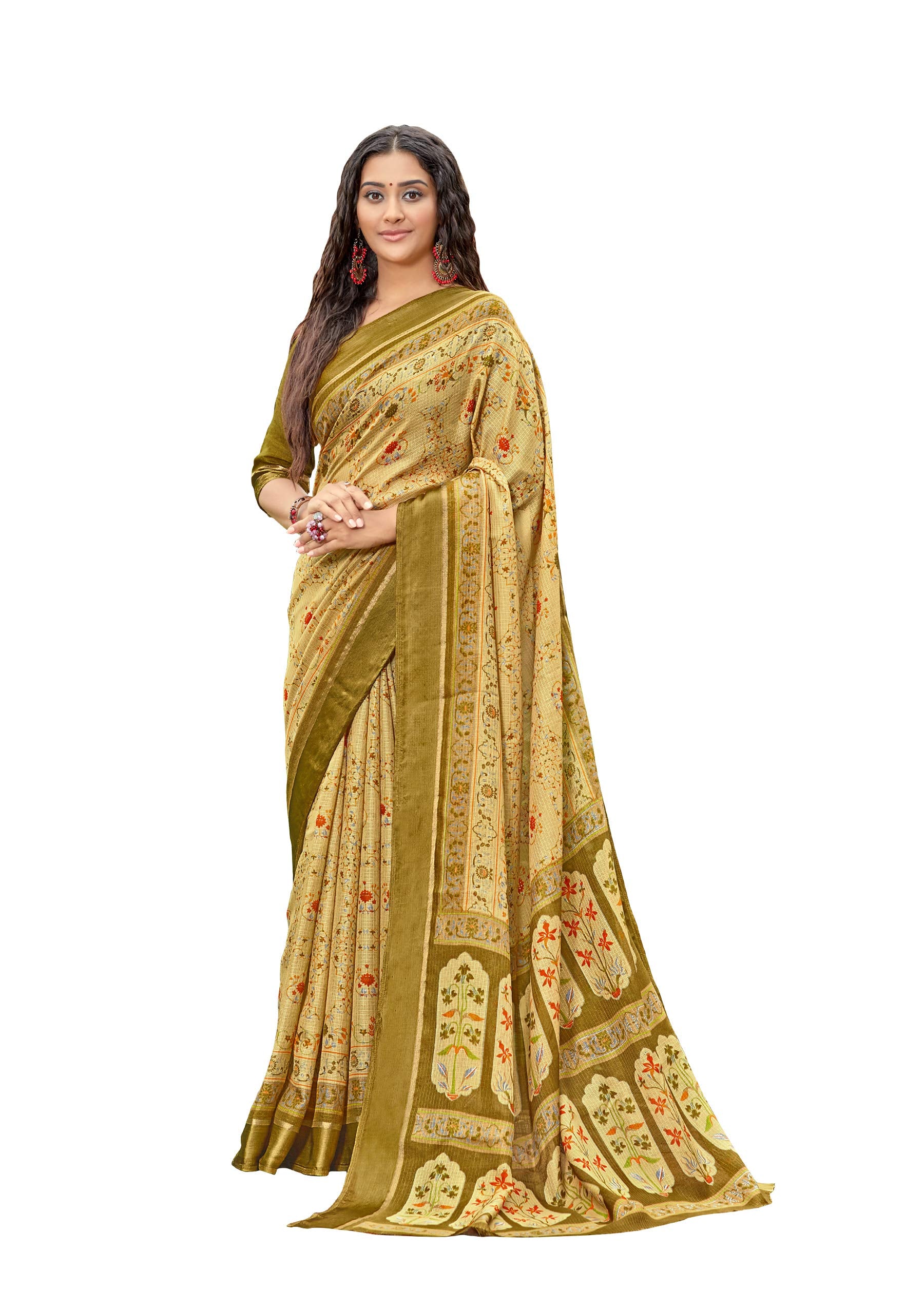 DRAVINAM Trends Women's Woven Kota Cotton Printed Check Saree with Satin Border and Blouse Piece (Beige Brown)