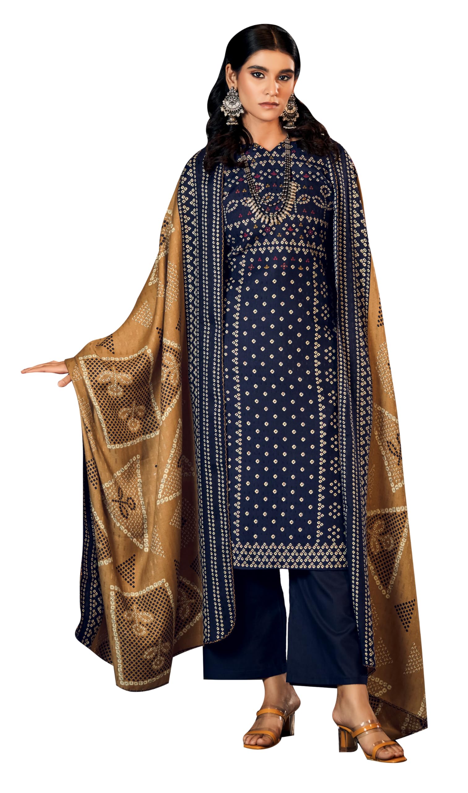 DRAVINAM Trends Women's Unstitched Printed Bandhani Woollen spun Salwar Suit Dress Material with Printed Shawl Dupatta (Free Size_Blue)