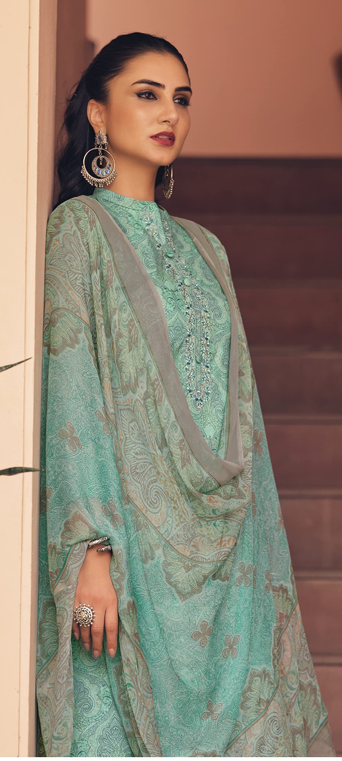 DRAVINAM Trends Women's Digital Printed Cambric Cotton Embroidered Unstitched Salwar Suit Dress Material with Japan Chiffon/Half Pure Digital Printed Chunni/Dupatta (Sea Green)
