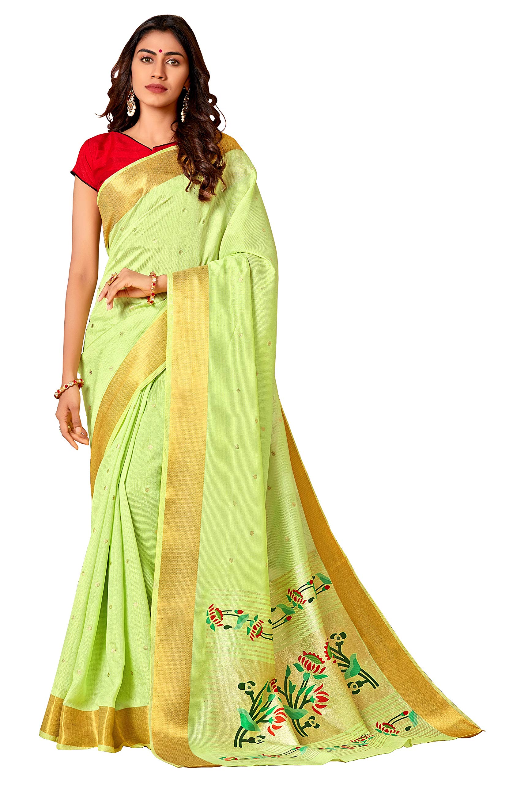 DRAVINAM Trends Women's Woven Soft Cotton Light Green Zari Border and Buti Saree with Embroidered Blouse Piece for Women