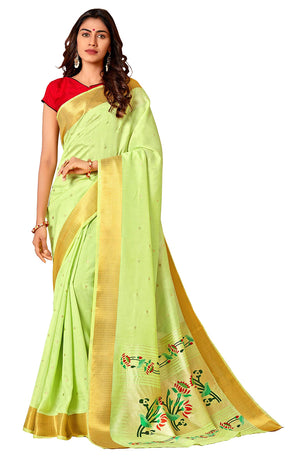 DRAVINAM Trends Women's Woven Soft Cotton Light Green Zari Border and Buti Saree with Embroidered Blouse Piece for Women