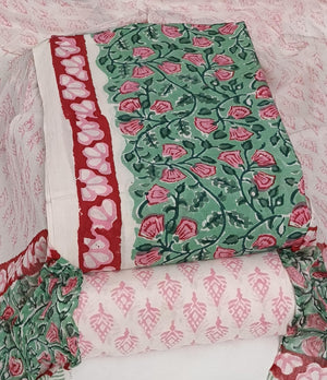 DRAVINAM Trends Hand Block Print Pure Cambric Cotton Unstitched Suit Material with Chiffon Hand Printed Dupatta