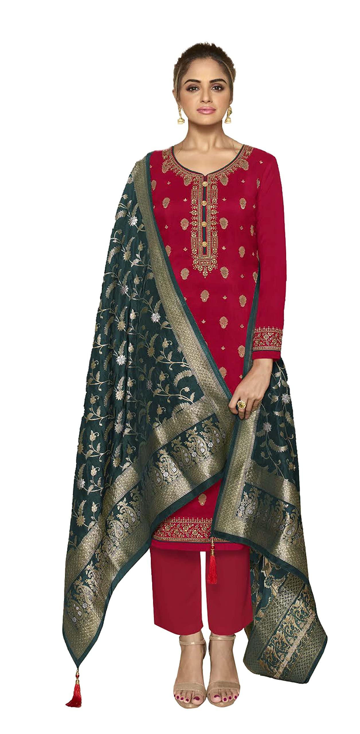 DRAVINAM Trends Women's Dola Jacquard Double Zari Embroidered Unstitched Salwar Suit Dress Material with Dola Jacquard Double Jari Heavy Dupatta (Maroon)