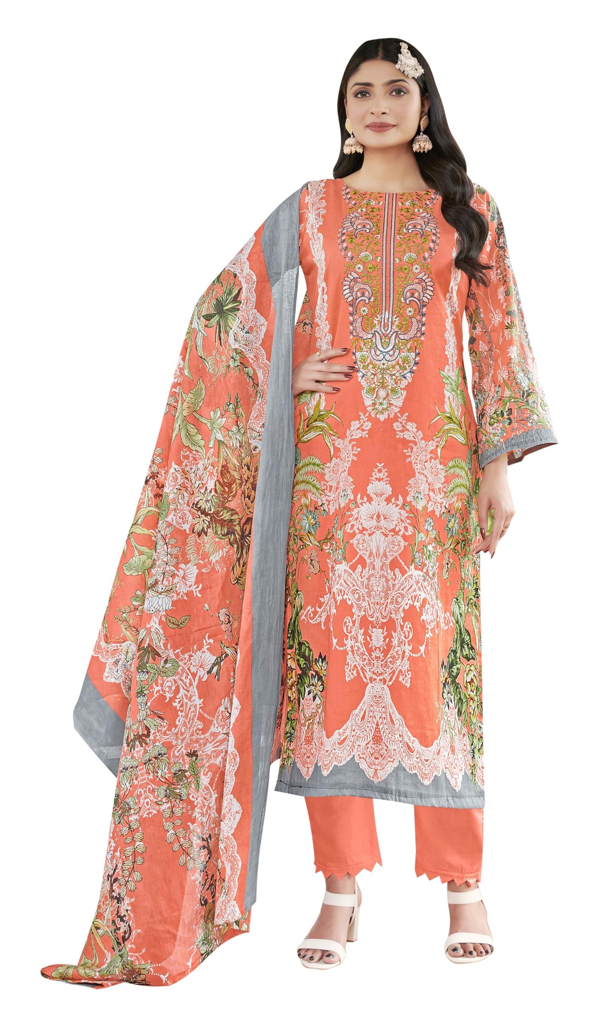 DRAVINAM Trends Unstitched Suit Material Karachi Lawn Cotton Pakistani Digital Printed Embroidered Kameez with Unstitched Bottoms and Cotton Dupatta