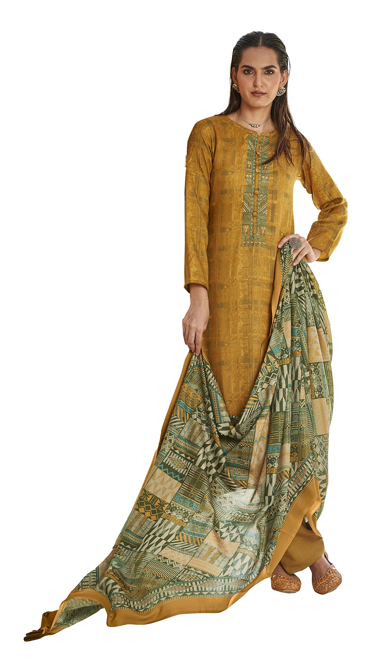 DRAVINAM Trends Women's Unstitched self Digital Print Hand embroidered Pure Woollen Pashmina Salwar Suit Dress Material with digital printed Pure woolen shawl dupatta (Green)