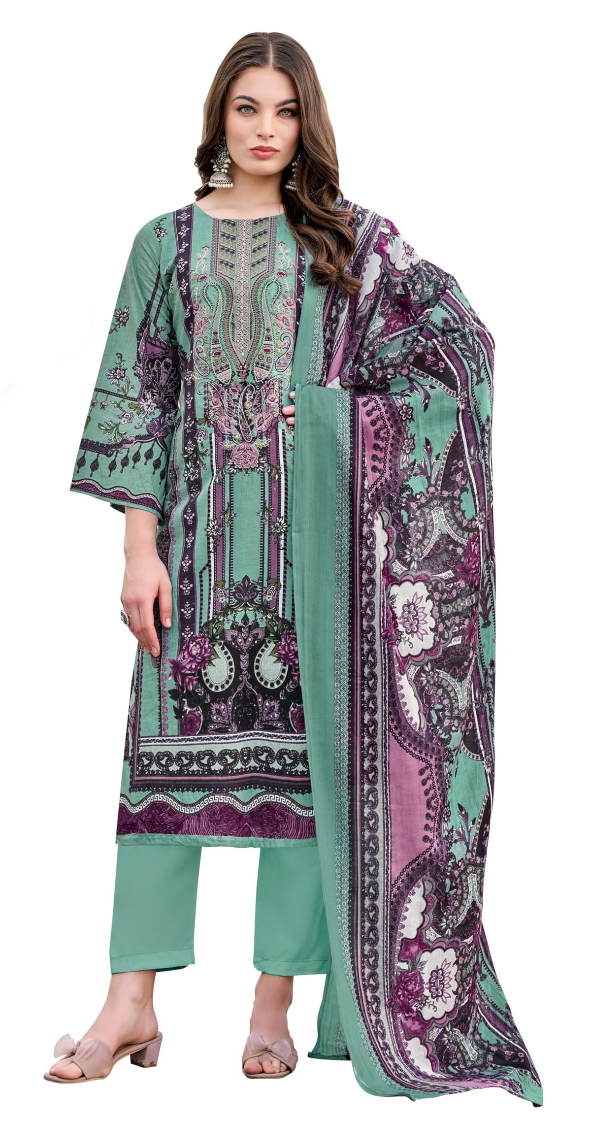 DRAVINAM Trends Women's Unstitched Salwar Suit Dress Material - Cotton Digital Printed Organza Embroidered Kameez II Unstitch Bottoms II Cotton Dupatta