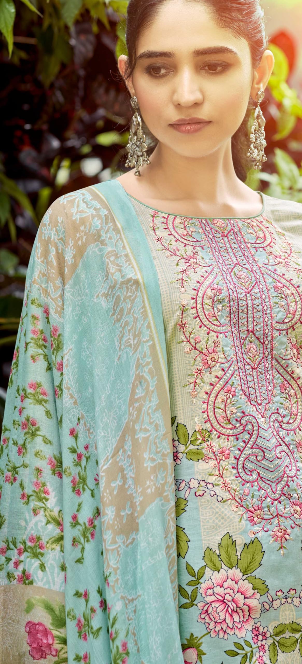 DRAVINAM Trends Unstitched Pure Lawn Cotton Pakistani Embroidered Suit Dress Material with Unstitched Bottoms and Cotton Dupatta