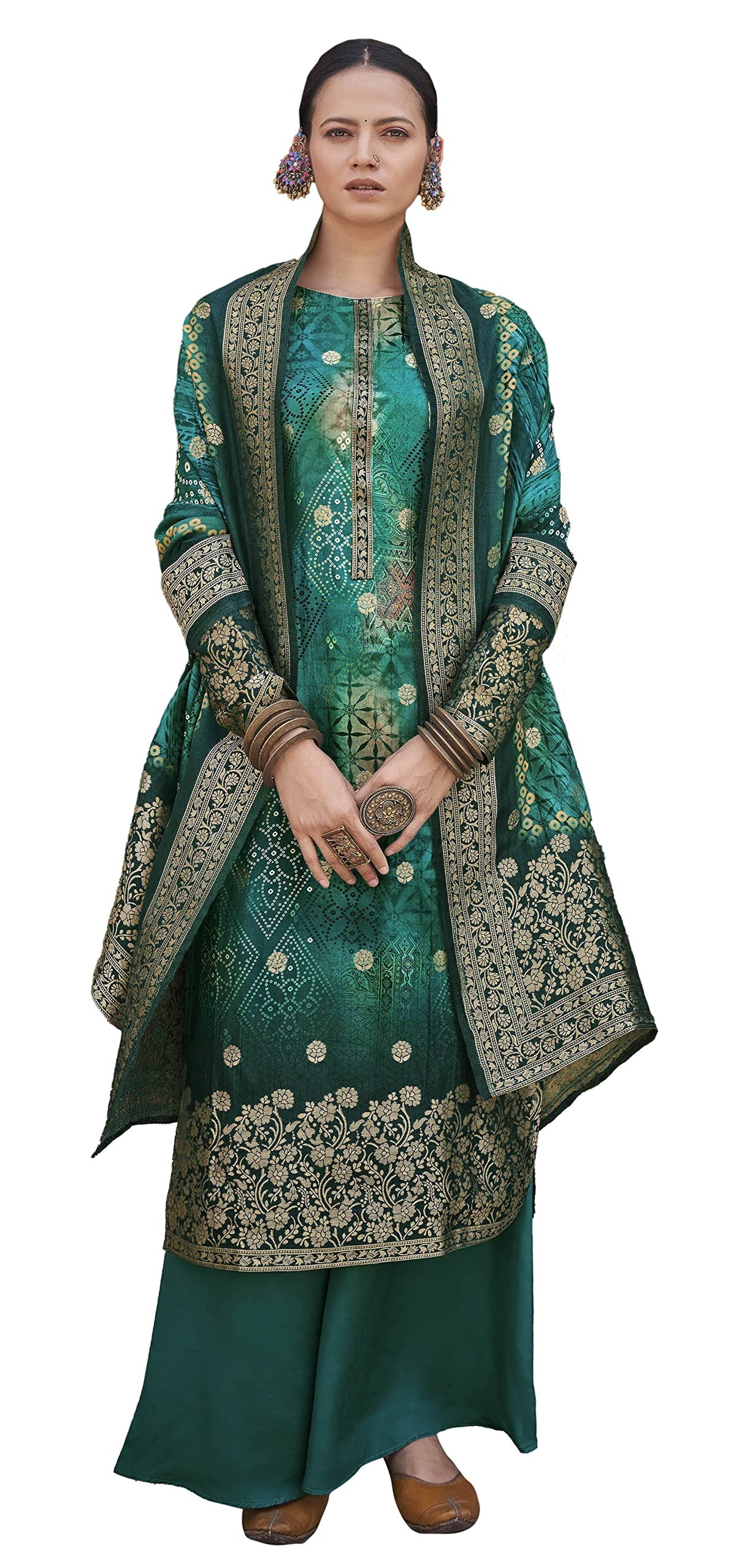 DRAVINAM Trends Women's Pure Dola Silk jacquard Bandhani Digital printed Sharara style Unstitched Suit Dress material with Pure Dola silk Woven Banarasi Dupatta (Free size_Pink)