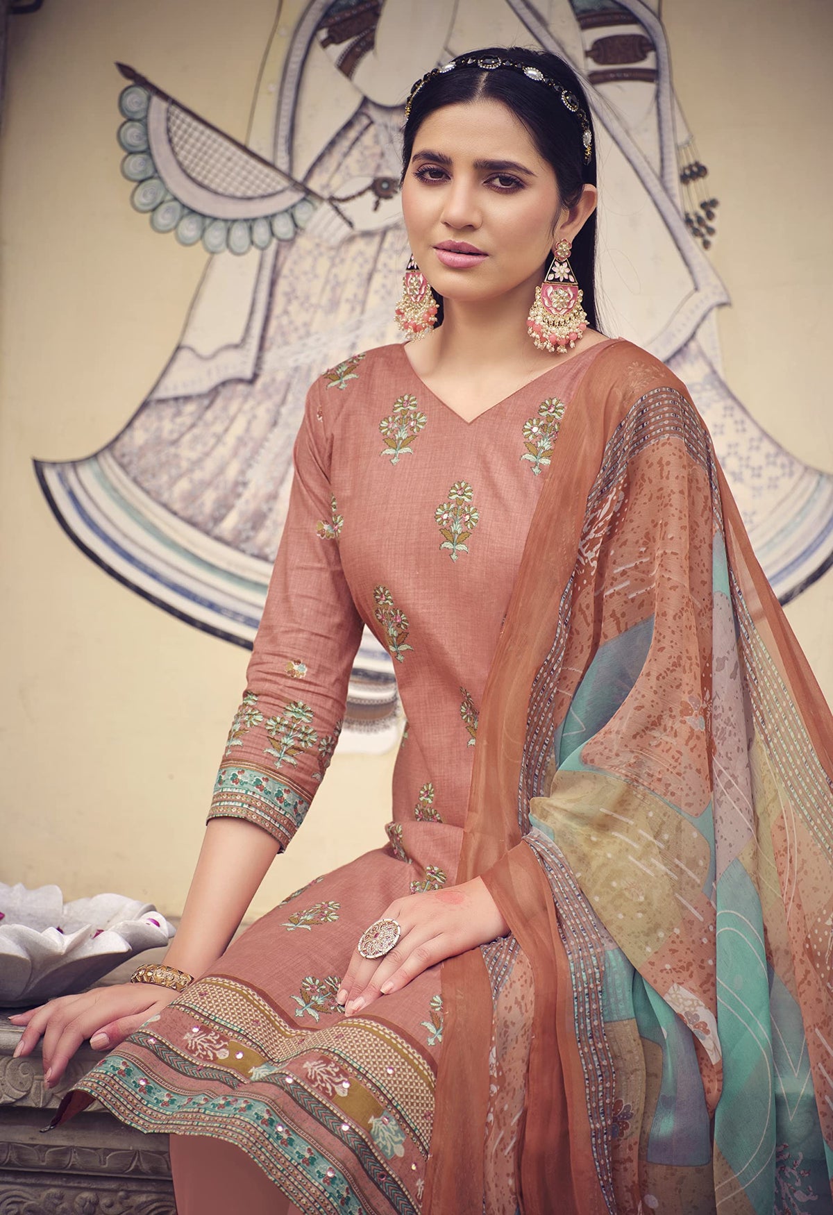 DRAVINAM Trends Unstitched Printed Mirror Work Cotton Salwar Suits Dress Material with Chiffon Dupatta (Green)