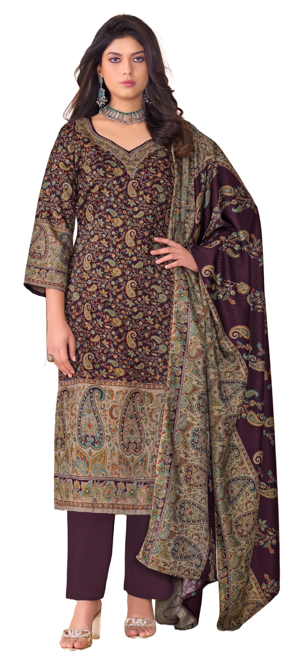 DRAVINAM Trends Women's Unstitched Winter Wear Kashmiri Kani Printed Swaroski Work Heavy Woolen Pashmina Salwar Suit Dress Material with Printed Shawl Dupatta