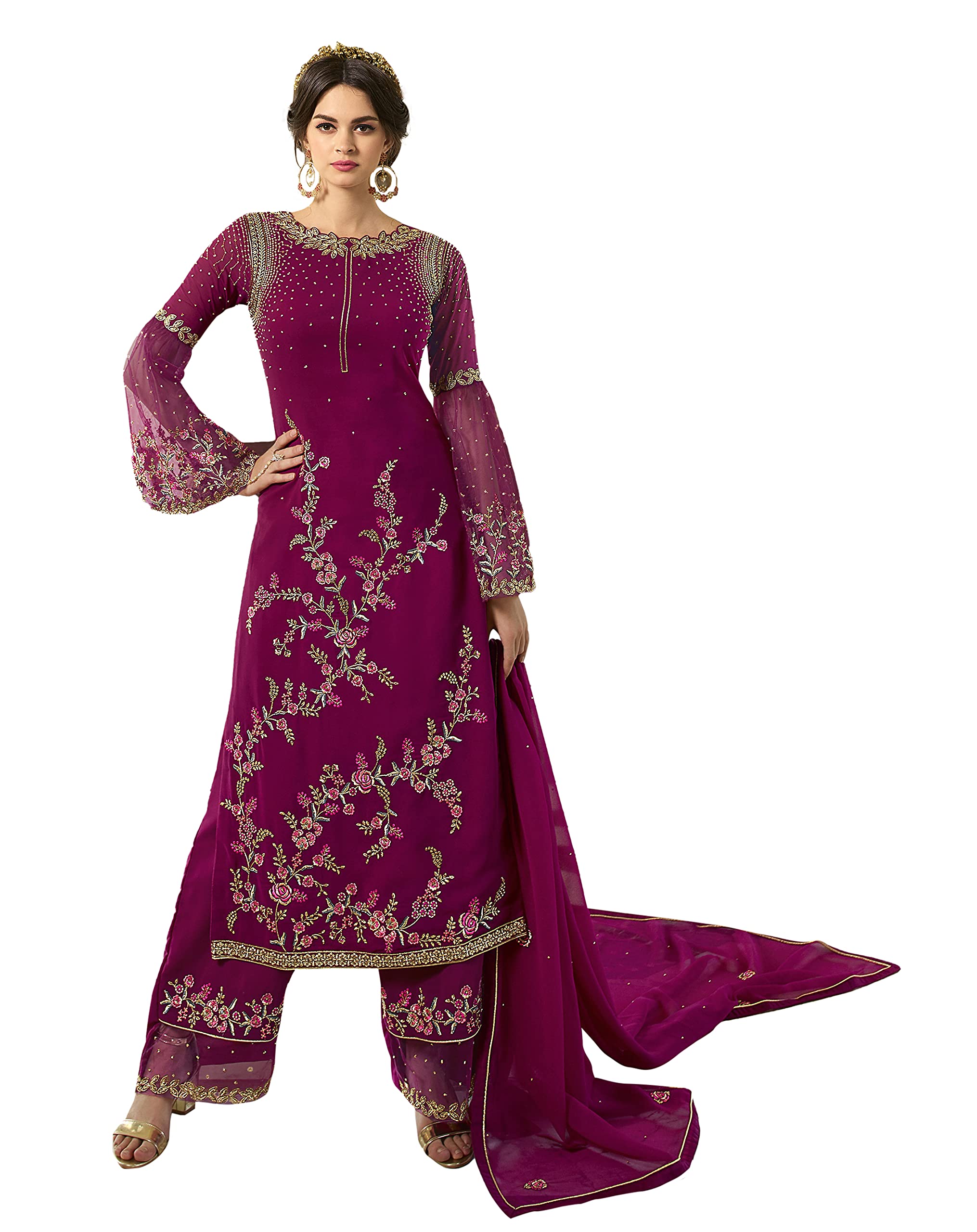 DRAVINAM Trends Women's Faux Georgette Semi Stitched Top With Unstitched Santoon Bottom and Net Dupatta Embroidered Straight Kurta Dress Material (Kurta Set)