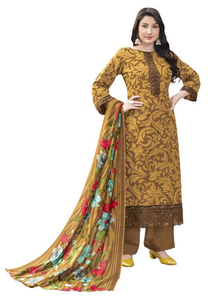 DRAVINAM Trends Kurti 2.50 mtrs,Pure Cotton Solid (2.7 m), Pure Cotton Mal Mal Print Dupatta (2.25 m)|Brown