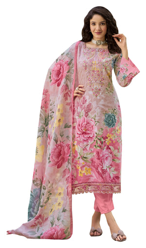 DRAVINAM Trends Women's Pure Cotton Digital Printed Suit with Exclusive Heavy Self-Embroidery Neck & Organza Daman Embroidery | Mal Mal Cotton Printed Dupatta & Bottom – Ready to Wear (OLIVE, XXL)