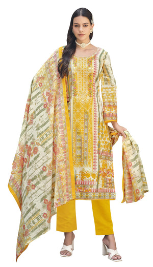 DRAVINAM Trends Women's Cotton Printed Thread Embroidery Work Unstitched Salwar Suit Dress Material With Dupatta (Grey, Unstitched Suit)