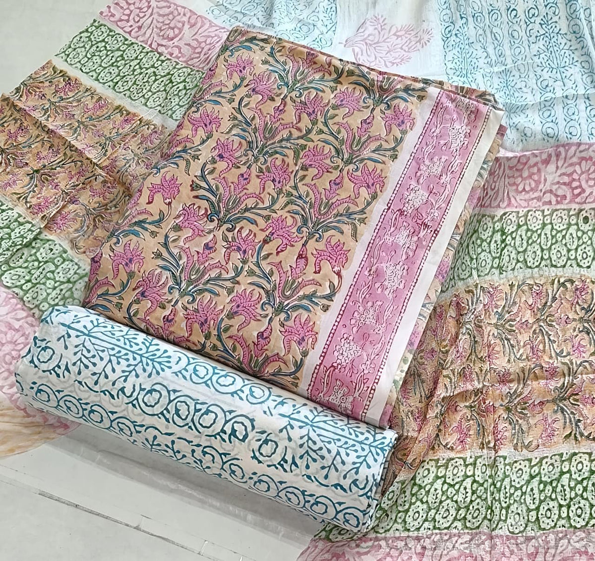 DRAVINAM Trends Hand Block Print Cambric Cotton Unstitched Salwar Suit Set for Women with Pure Chiffon Hand Printed Dupatta