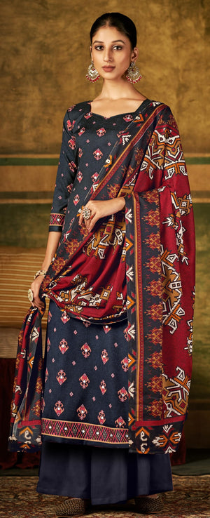 DRAVINAM Trends Women's Unstitched Kaani Print Mirror Work Spun Pashmina Winter wear Dress Material Fabric for Salwar Suit with printed spun pashmina Kashmiri shawl dupatta (Blue)