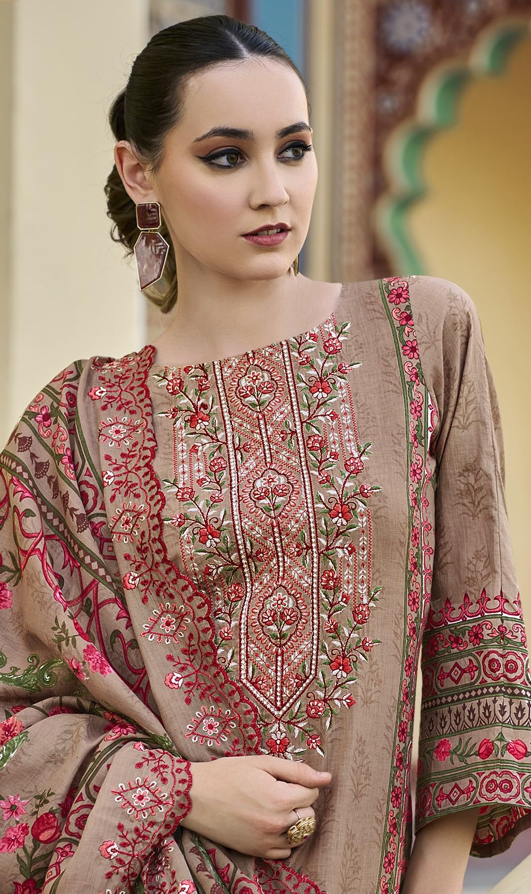 DRAVINAM Trends Women's Unstitched Pakistani Digital Print Embroidered Pure Cotton Salwar Suit Dress Materials with Cotton Embroidered Cutwork Dupatta