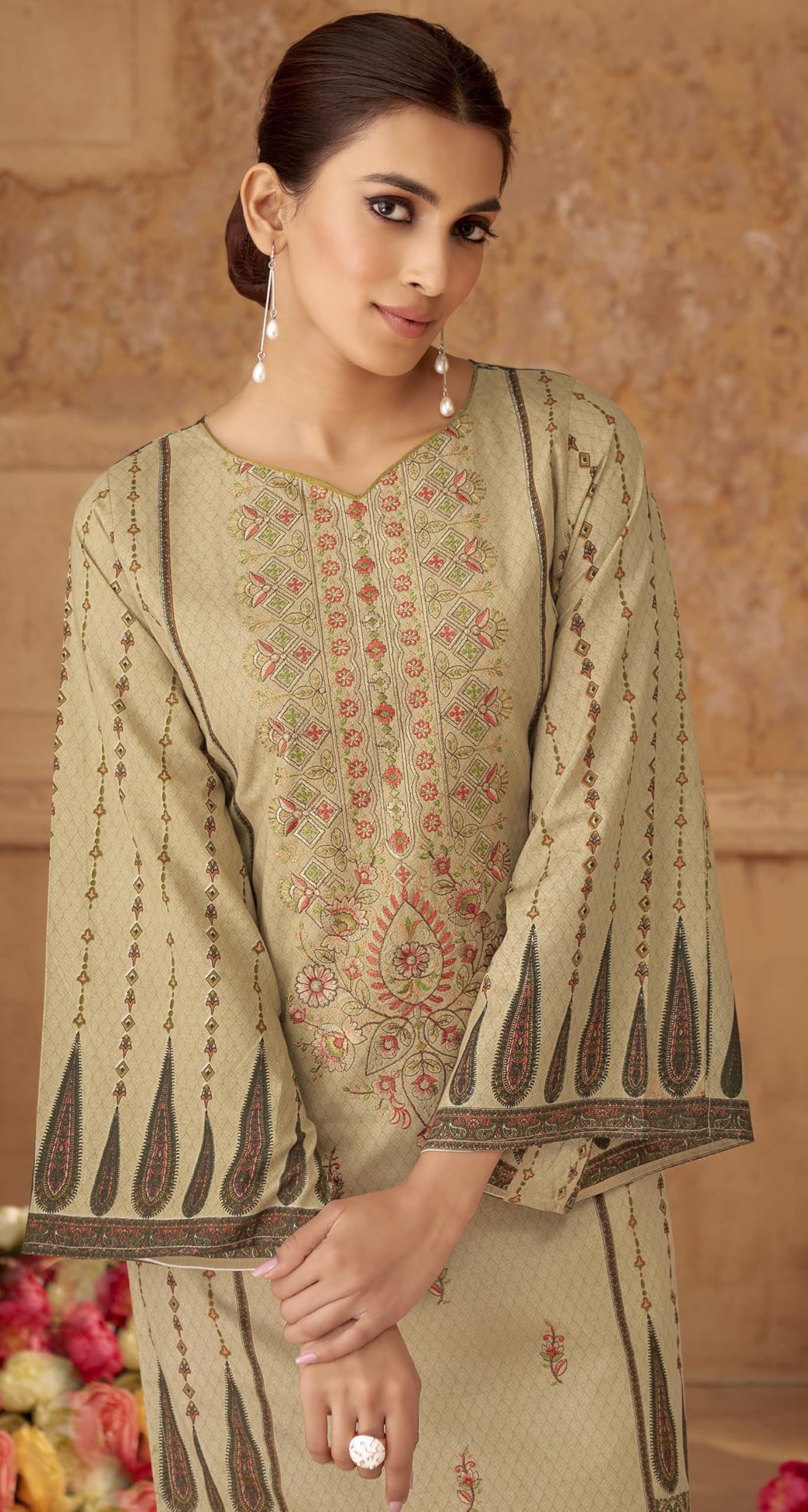 DRAVINAM Trends Unstitched Cotton Suit Dress Material Set: Pakistani Print Top Fabric with Embroidery | Customizable Solid Bottoms | Cotton Fancy Dupatta