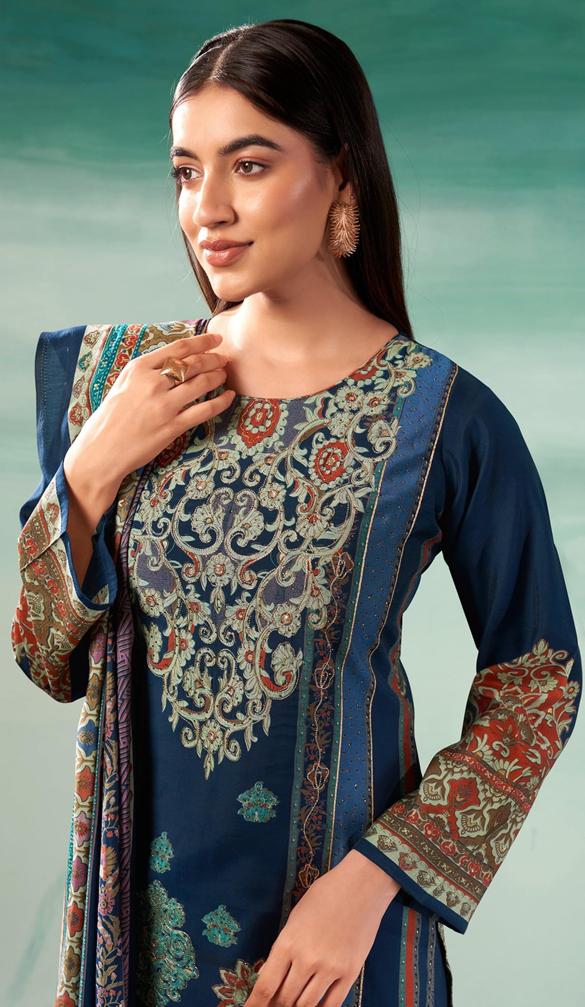 DRAVINAM Trends Women's Unstitched Pure Maslin Digital Foil Printed Pakistani Embroidered Suit Dress Material with Unstitched Maslin Bottoms and Maslin Dupatta