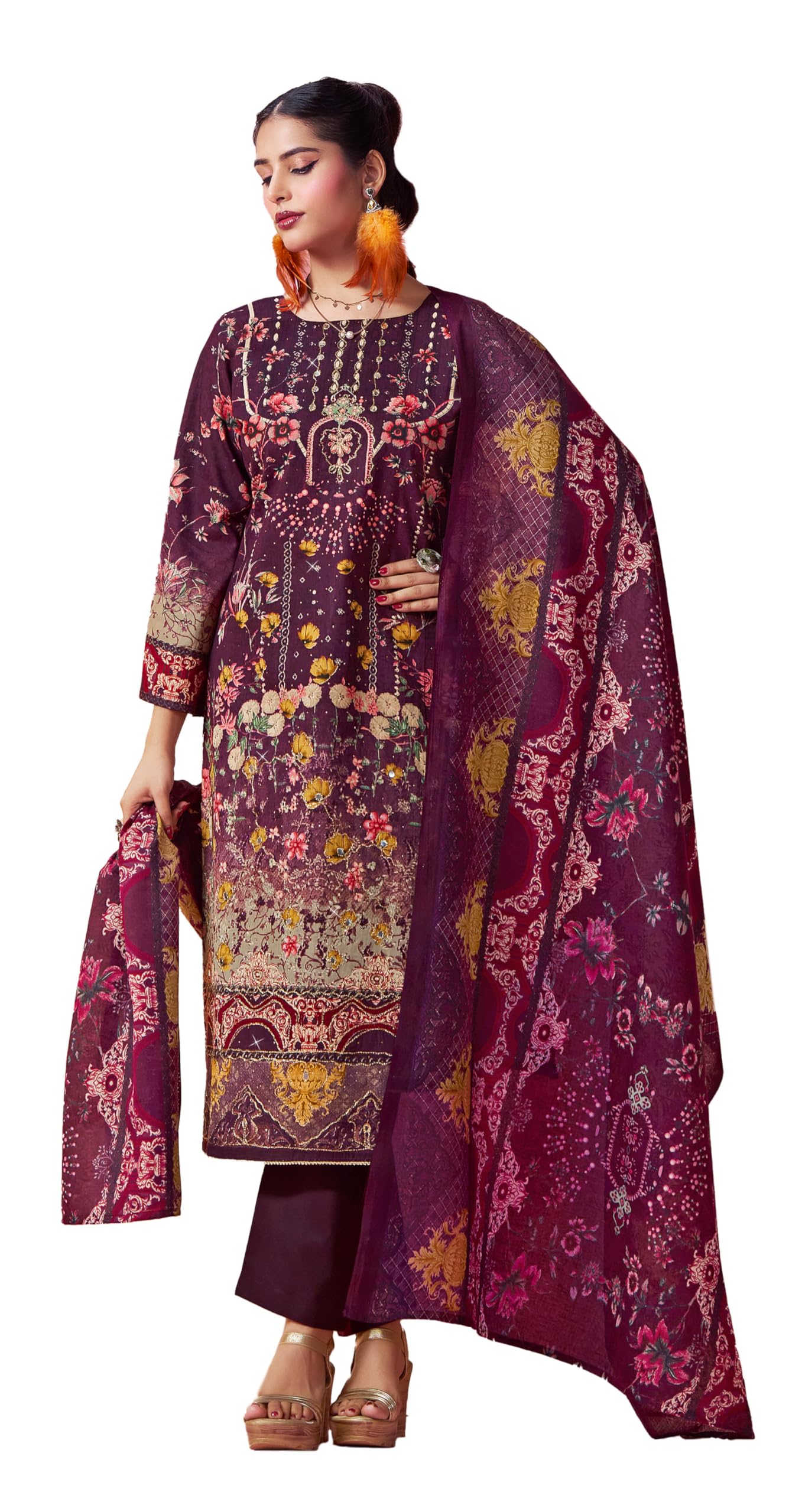 DRAVINAM Trends Cotton Pakistani Embroidered Suit Dress Material with Unstitched Bottoms and Cotton Dupatta
