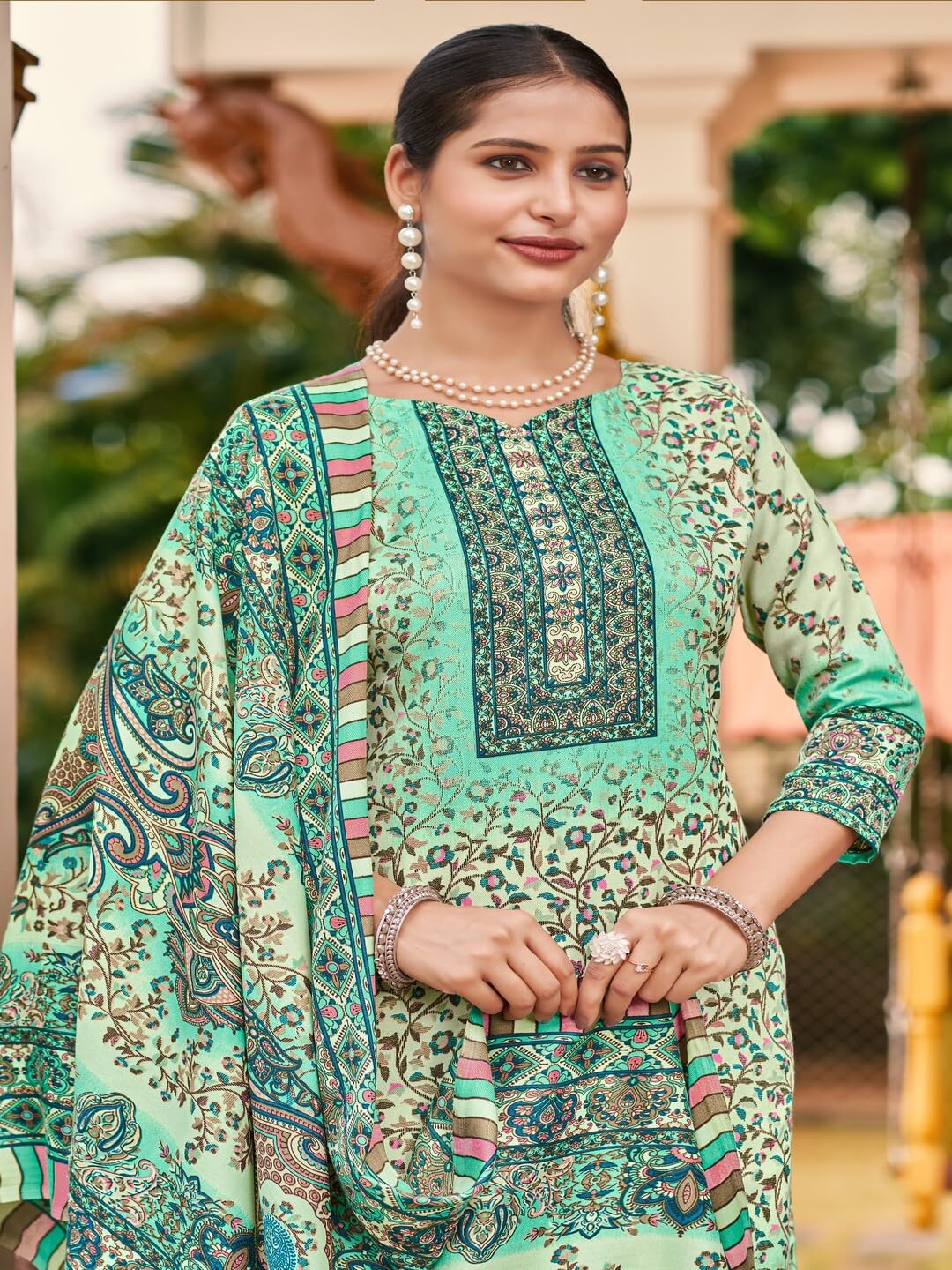 DRAVINAM Trends Women's Unstitched Kashmiri Print Woollen Pashmina Salwar Suit Dress Material with Pashmina Printed Shawl Dupatta (Free Size) (Grey)