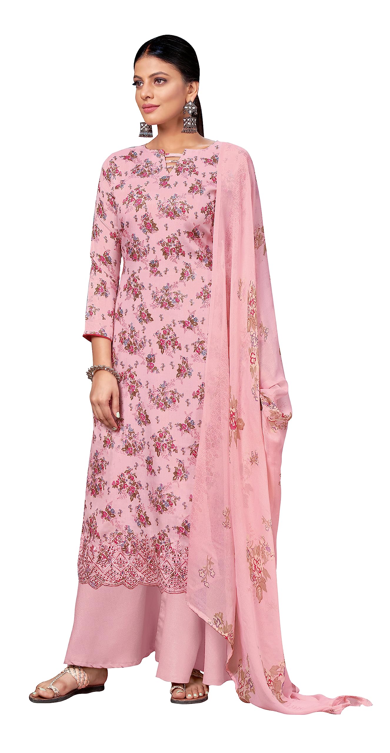 DRAVINAM Trends Unstitched Printed Embroidered Cotton Salwar Suits Dress Material with Chiffon Dupatta