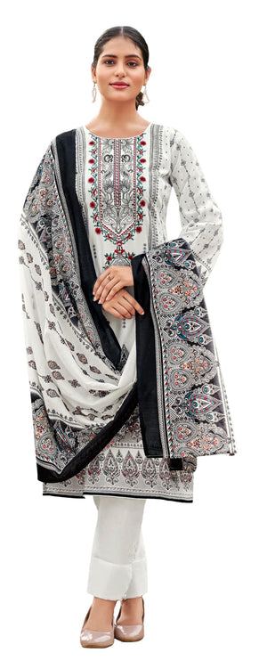 DRAVINAM Trends Women's Pakistani Print Embroidered Unstitcehd Pure Cambric Cotton Salwar Suit Dress Materials with Pure Cotton Printed Dupatta