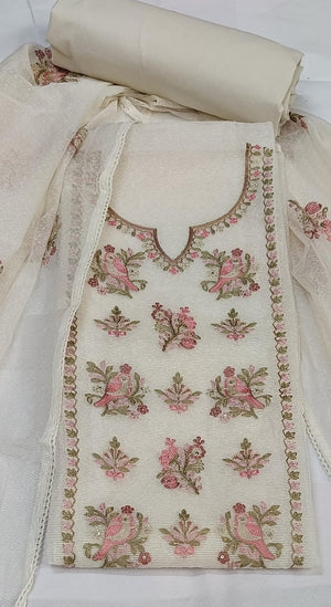 DRAVINAM Trends Women's Kota Doriya Embroidered Unstitched Salwar Suit Dress Material with Inner Lining & Kota Doriya Dupatta - Off-White/Pearl