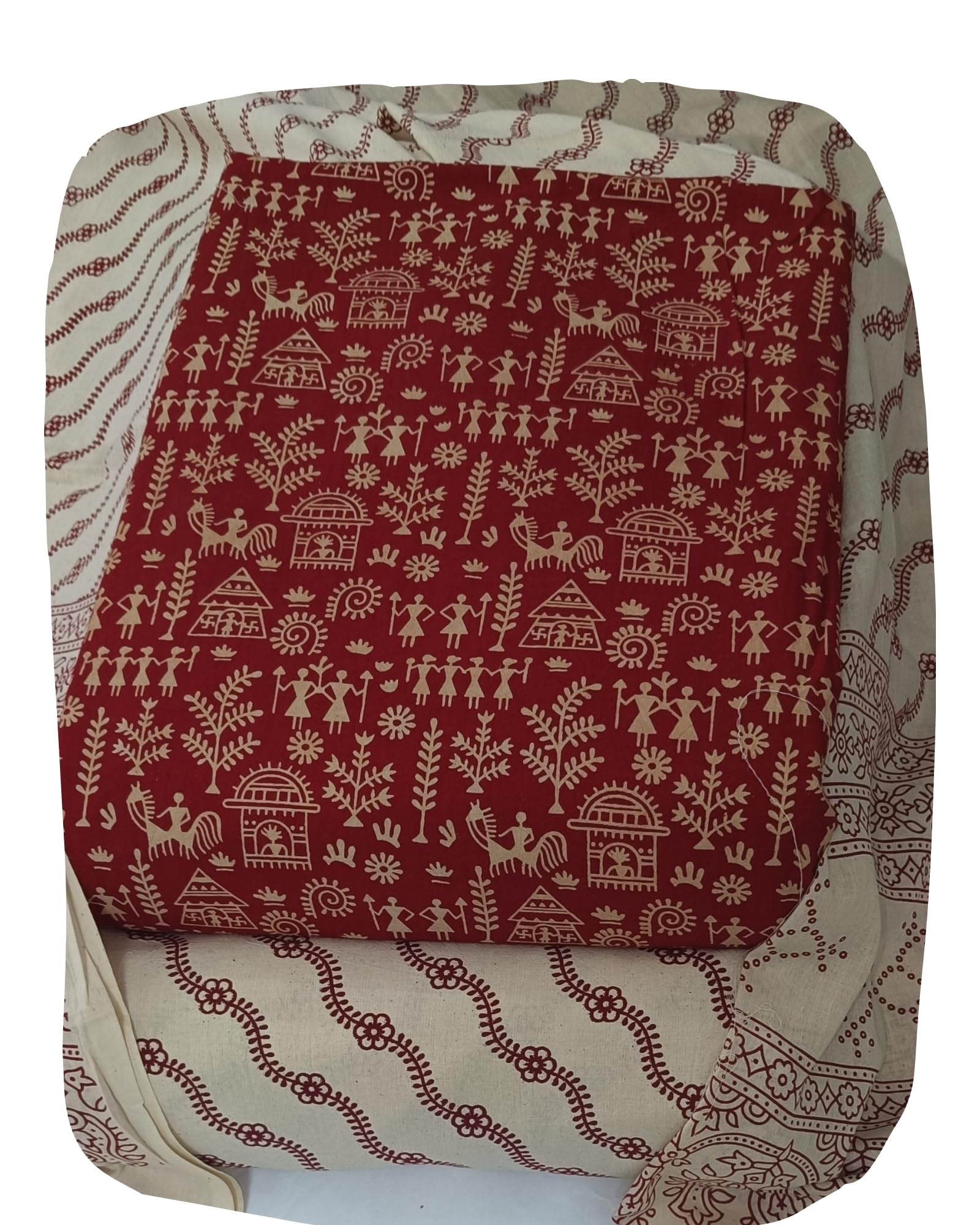 DRAVINAM Trends Women's Premium Cotton Unstitched Salwar Suit Dress Material Set | Traditional Rajasthani Gujari Block Print (Red & Mustard Yellow)
