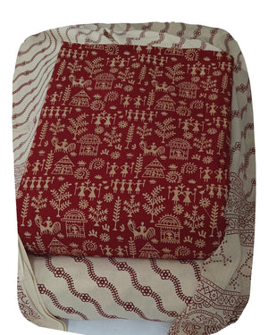 DRAVINAM Trends Women's Premium Cotton Unstitched Salwar Suit Dress Material Set | Traditional Rajasthani Gujari Block Print (Red & Mustard Yellow)