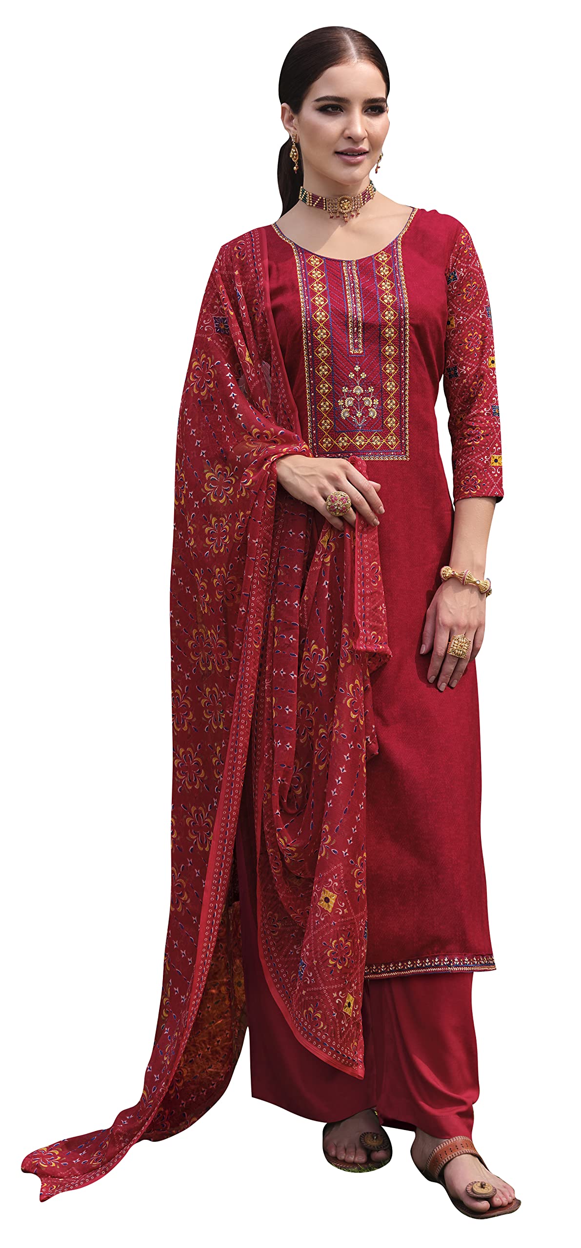 DRAVINAM Trends Unstitched Printed Embroidered Rayon Salwar Suits Set with Chiffon Dupatta (Green)