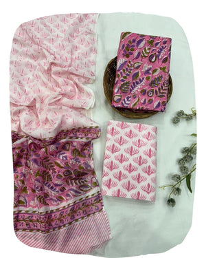 DRAVINAM Trends Hand Block Print Sanganeri Cambric Unstitched Cotton Suit Dress Material for Women with Mulmul Cotton Hand Printed Dupatta
