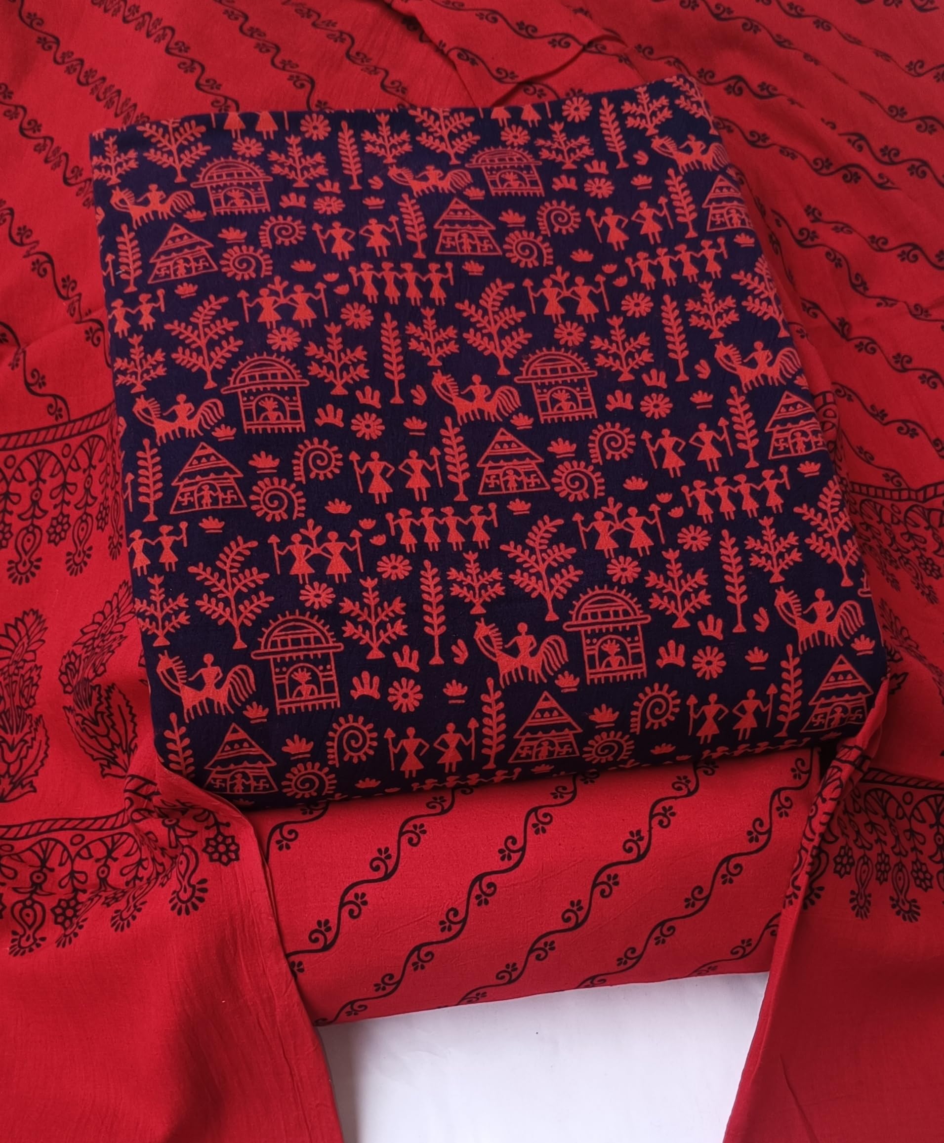 DRAVINAM Trends Women's Premium Cotton Unstitched Salwar Suit Dress Material Set | Traditional Rajasthani Gujari Block Print (Red & Mustard Yellow)