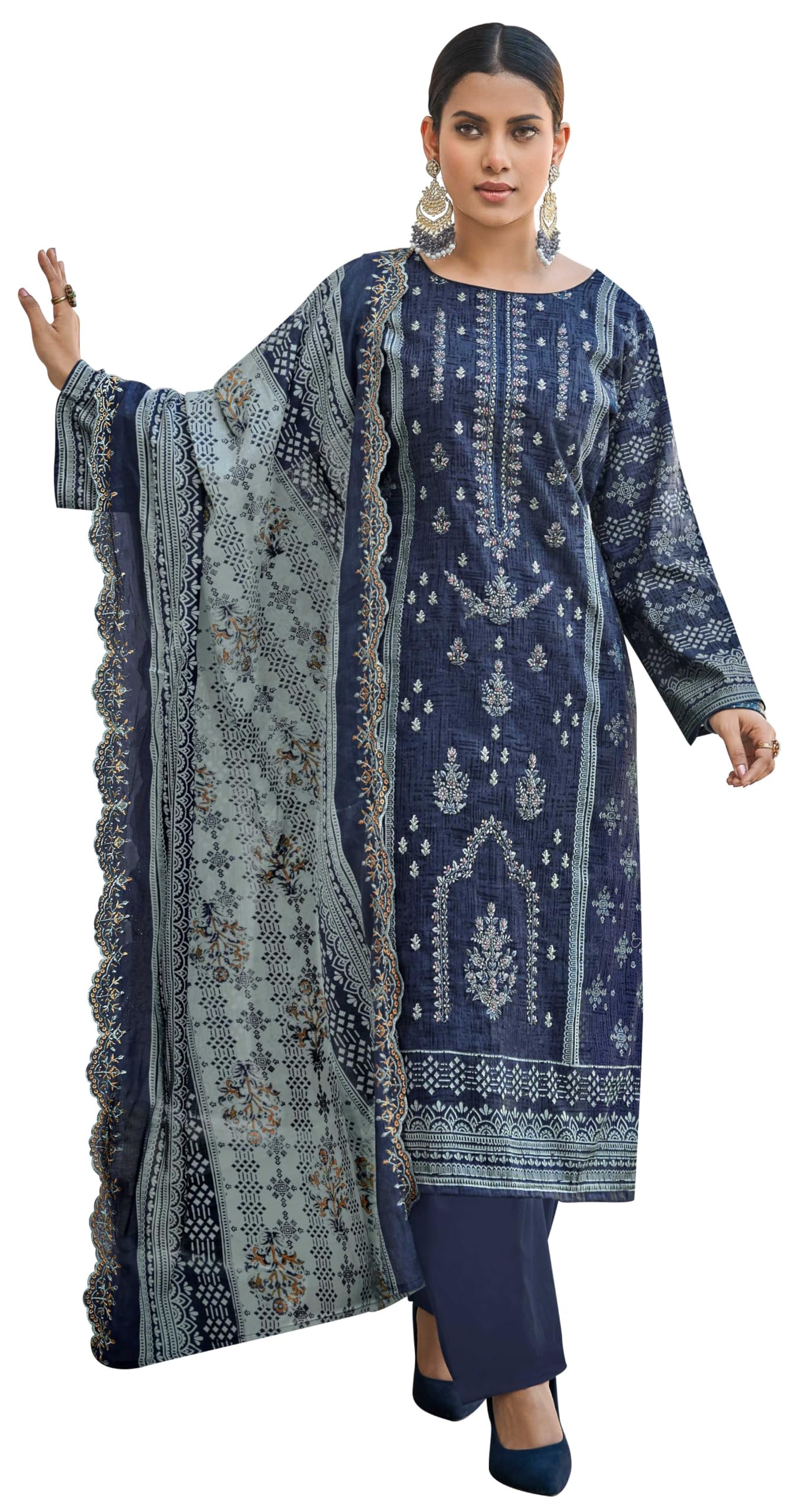 DRAVINAM Trends Women's Unstitched Pakistani Digital Print Embroidered Pure Cotton Salwar Suit Dress Materials with Cotton Digital Embroidered Cutwork Dupatta